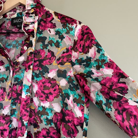SALONI Emile Floral‎ Print Button Front Silk Top In Blossom Cloudy Rose Size 0 - Picture 13 of 16